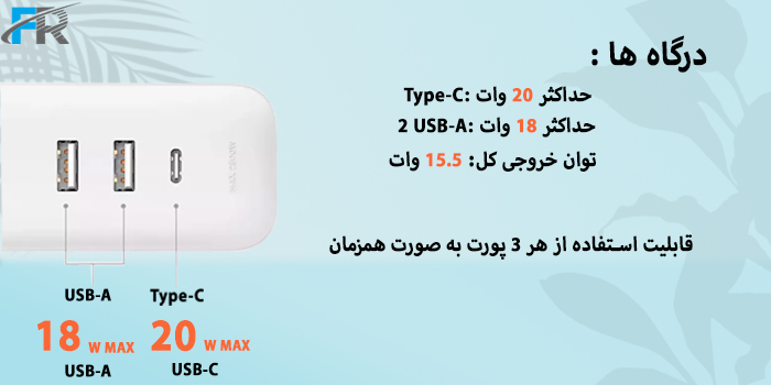 چند راهی برق 20 وات شیائومی مدل XMCXB05QMN قابلیت استفاده از هر 3 پورت به صورت همزمان