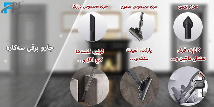 این جاروبرقی با سه سری برای استفاده در سطوح مختلف مانند: فرش، مبلمان و حتی داخل خودرو طراحی شده است